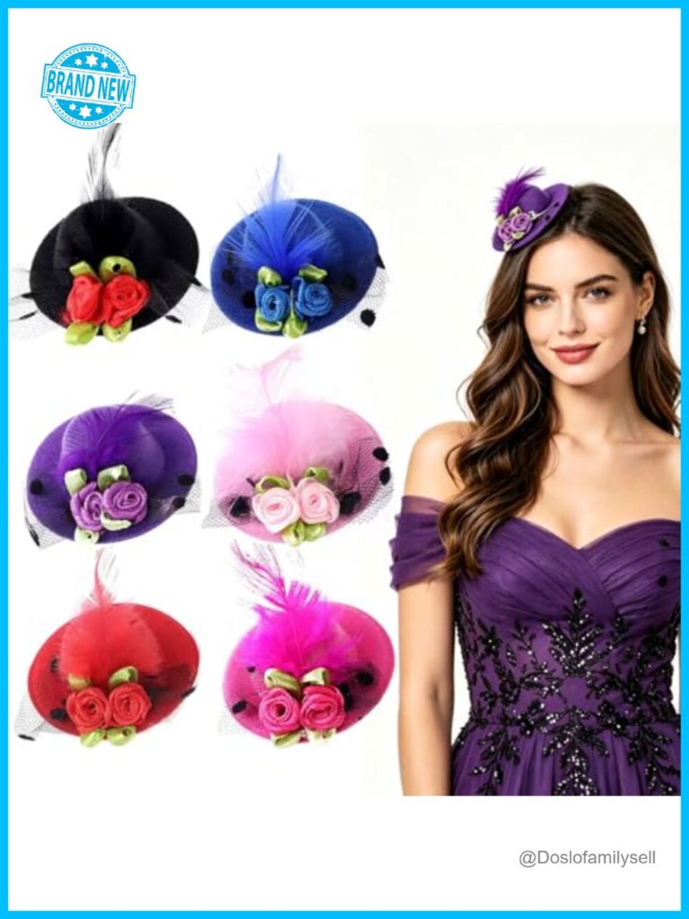 6 Pc Mini Fascinator Hat Bow Hair Clips with Feathers Mesh Fabric